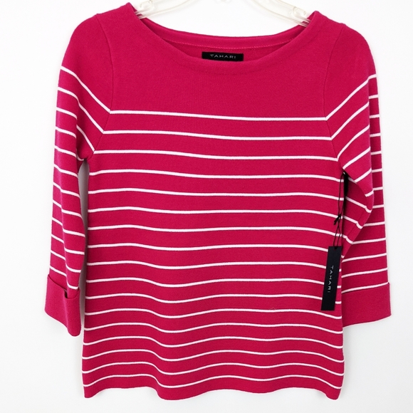 Tahari Sweaters - Tahari Sweater NWT Boatneck Stripe Sweater XS Fuschia Pink 3/4 Sleeve